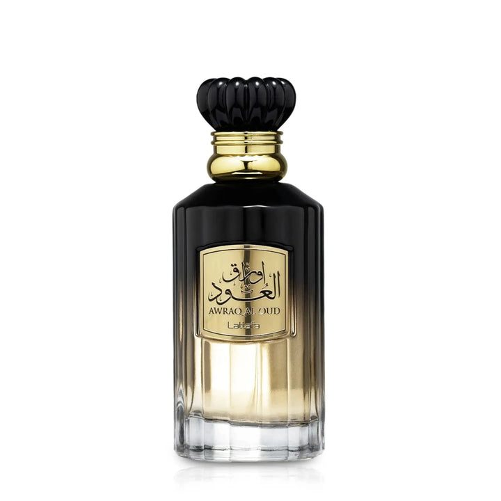 Perfume bottle with gold cap and label on a white background