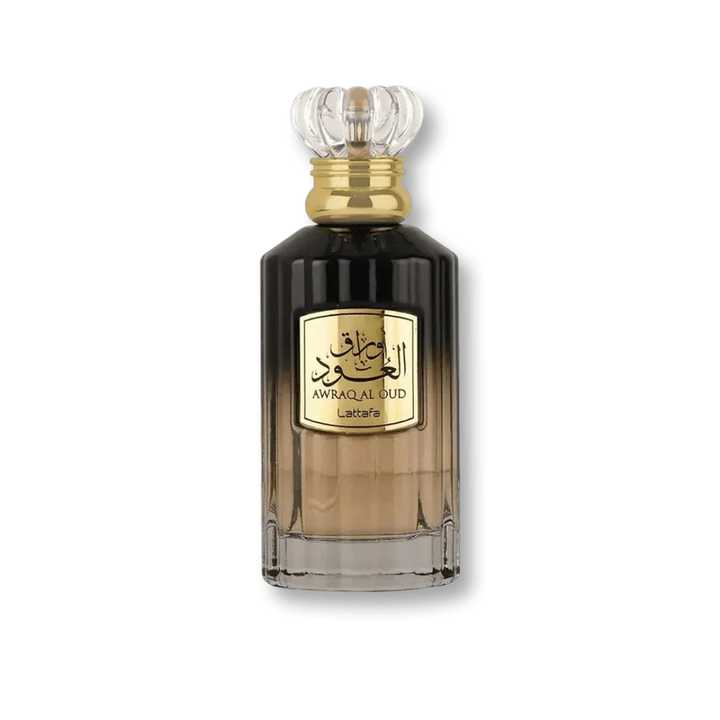 Perfume bottle with gold cap and label on a white background