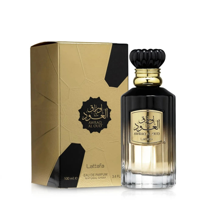 Perfume bottle and packaging with gold and black design on a white background