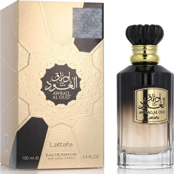Lattafa Awraq Al Oud perfume bottle and packaging on a white background