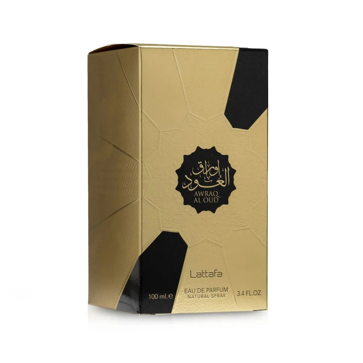 Gold and black perfume box with Lattafa branding on a white background