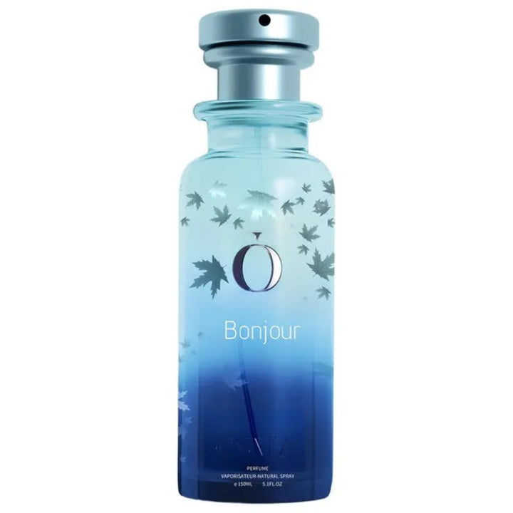 Blue perfume bottle with floral design on a white background