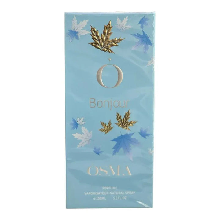 OSMA perfume packaging with blue and gold leaf design on a light blue background