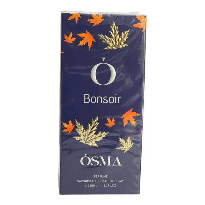 OSMA Bonsoir perfume packaging with autumn leaf design on a white background