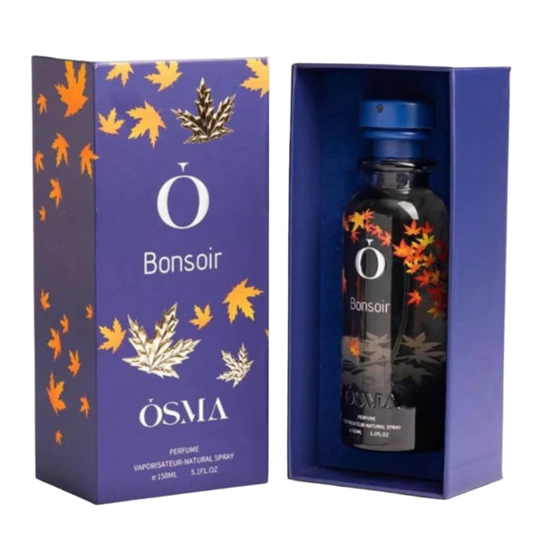 Osma Bonsair perfume bottle and packaging with leaf design on a white background