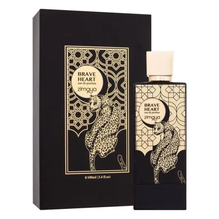 Perfume bottle and packaging with 'Brave Heart' design on a white background