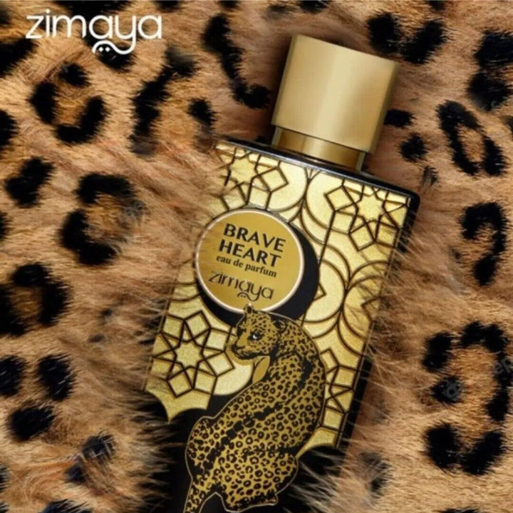 Perfume bottle labeled 'Brave Heart' by Zimaya on a leopard print background
