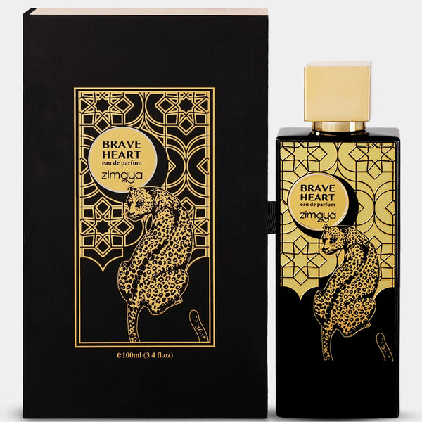 Perfume bottle and packaging with 'Brave Heart' design on a white background