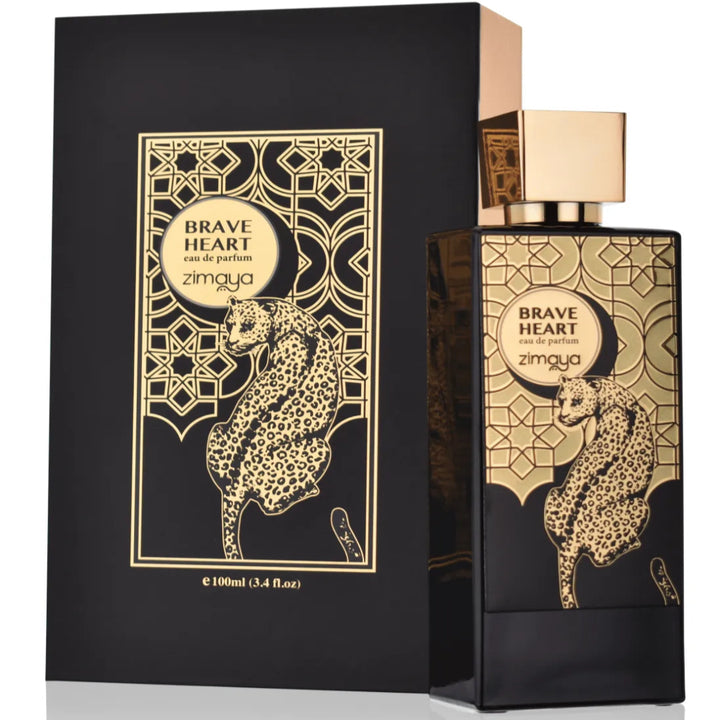Brave Heart perfume bottle and packaging with gold and black design on a white background