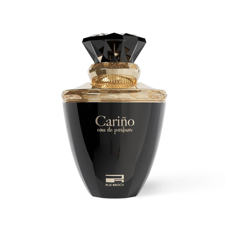 Black and gold perfume bottle labeled 'Carino' on a white background