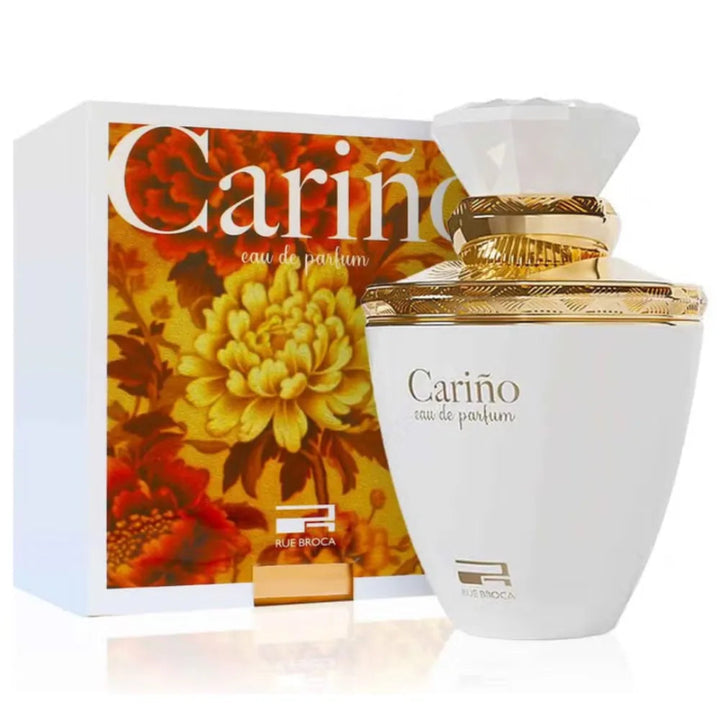 Carino eau de parfum bottle and packaging with floral design
