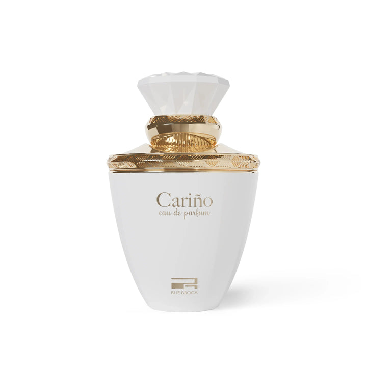 White and gold perfume bottle labeled 'Carino' on a white background
