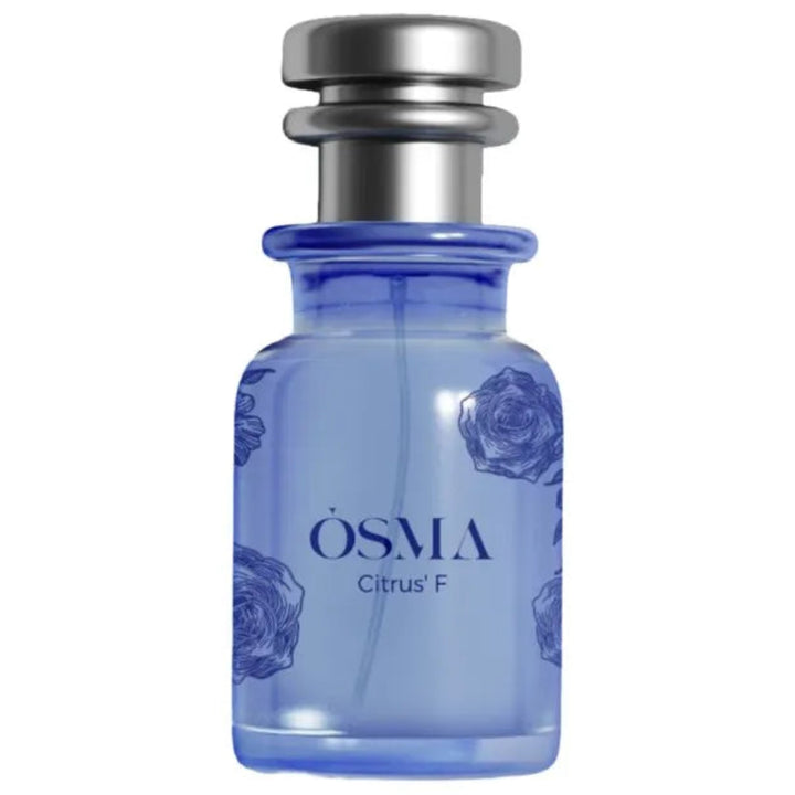 Blue Osma perfume bottle with silver cap on a white background