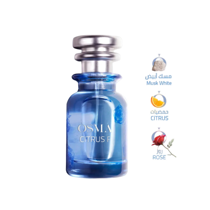 Blue perfume bottle with silver cap on a light gray background