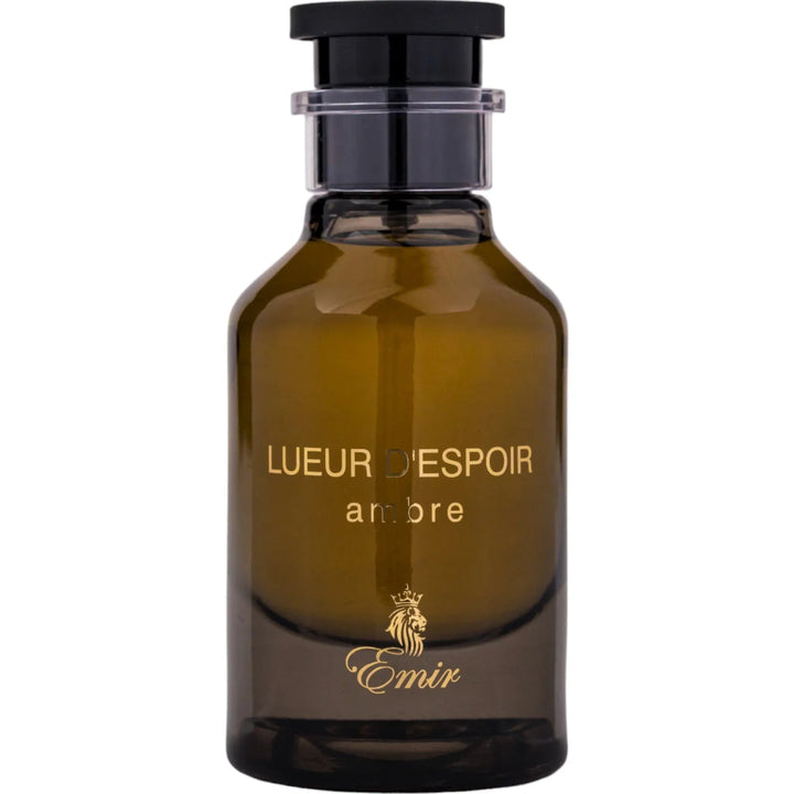 Brown perfume bottle labeled 'Lueur d'Espoir ambre' by Emir on a white background