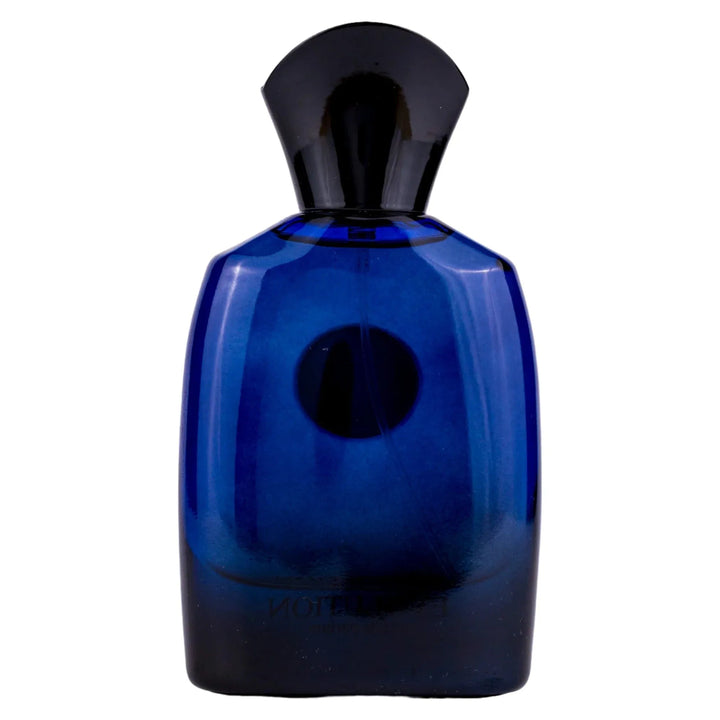 Blue perfume bottle with black cap on a white background