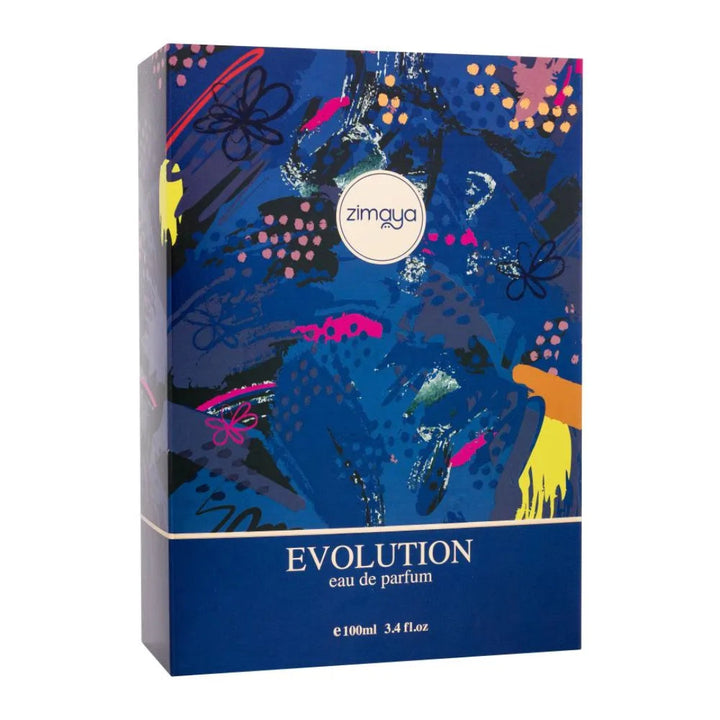 Zimaya Evolution eau de parfum packaging with abstract designs on a blue background