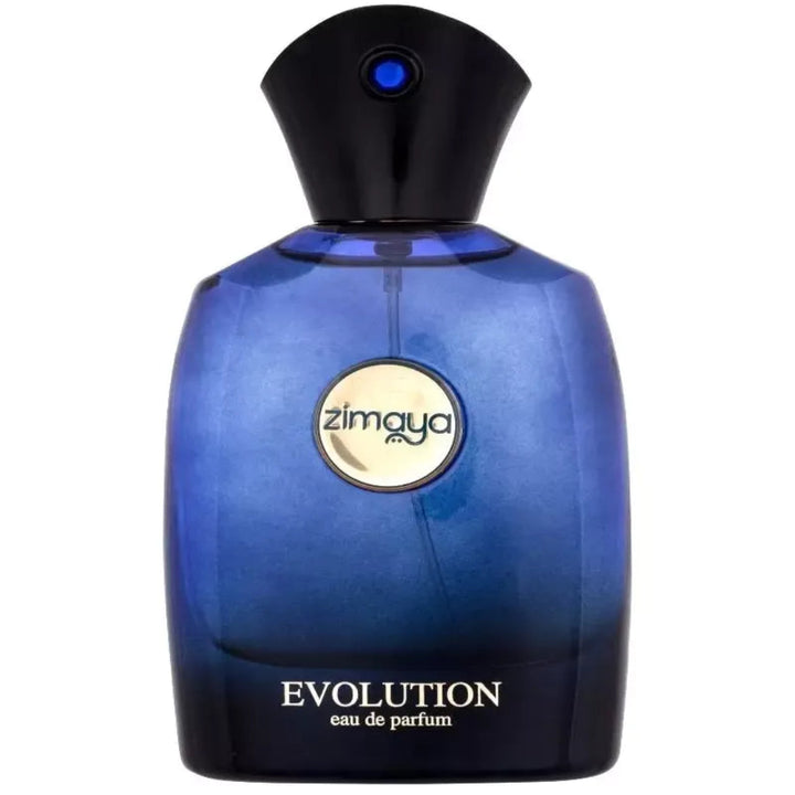 Blue perfume bottle with black cap labeled 'zimaya Evolution' on a white background