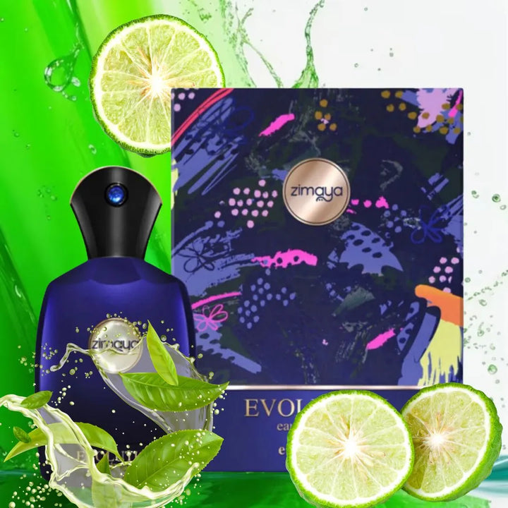 Zimaya perfume bottle and packaging with lime slices on a green background