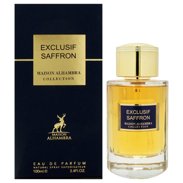 Maison Alhambra Exclusif Saffron perfume bottle and packaging on a white background