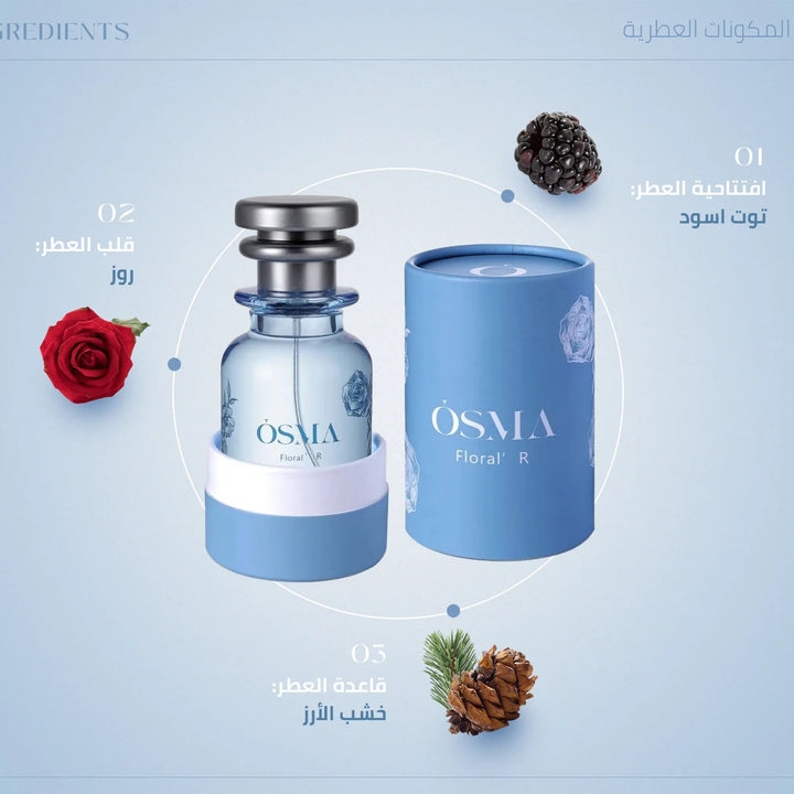 OSMA floral perfume bottle and packaging on a light blue background with ingredients displayed.