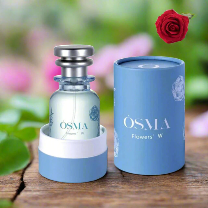 OSMAFlowers W perfume bottle and packaging with ingredients on a light blue background