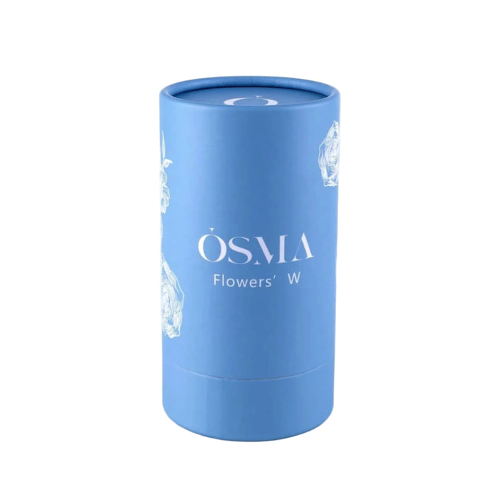 Blue cylindrical container with 'OSMA Flowers' W' branding on a light gray background