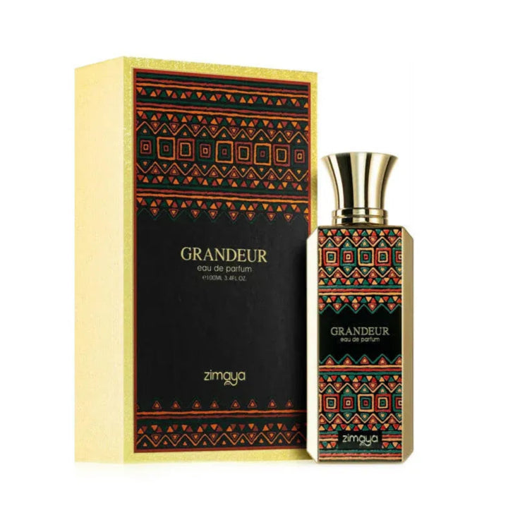 Grandeur perfume bottle and packaging with geometric design on a white background