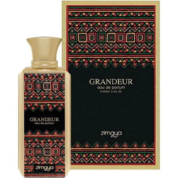 Grandeur eau de parfum bottle and packaging with geometric patterns on a white background