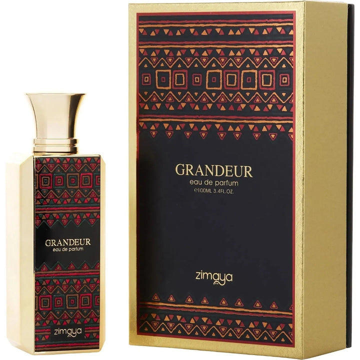 Grandeur perfume bottle and packaging with geometric patterns on a white background
