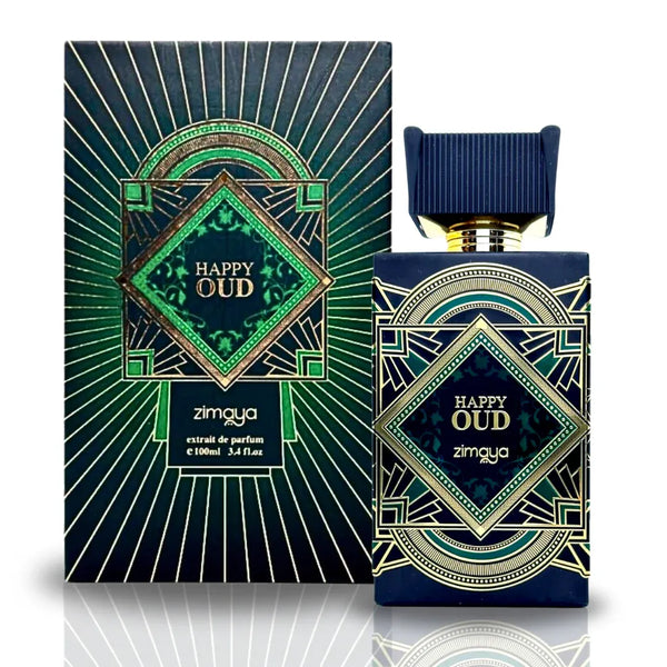 Zimoya Happy Oud perfume bottle and packaging on a white background