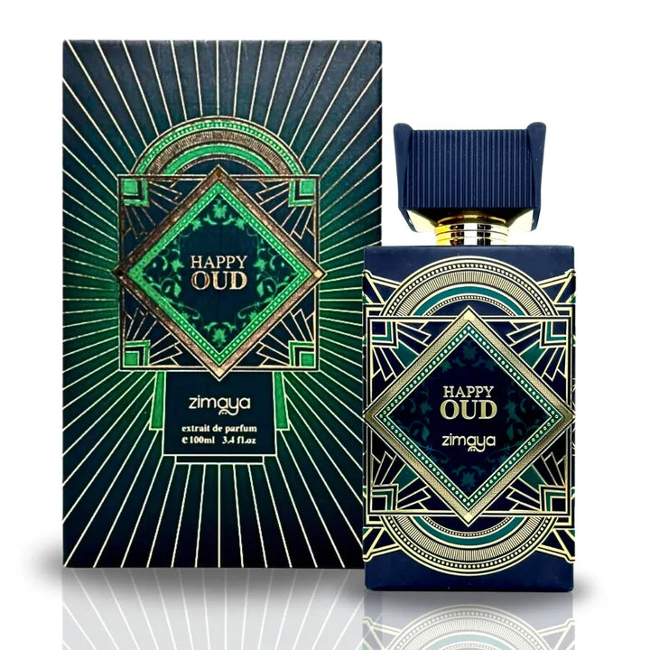 Zimoya Happy Oud perfume bottle and packaging on a white background