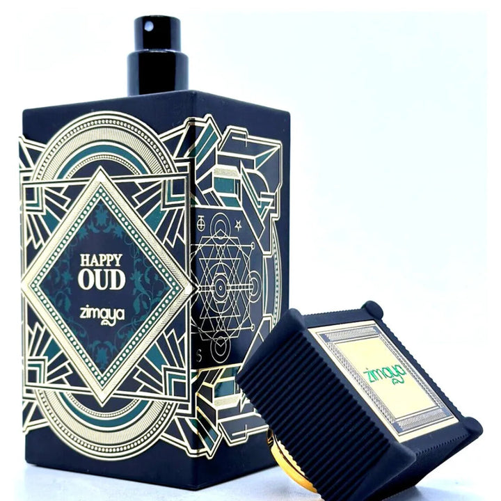 Perfume bottle and packaging with 'Happy Oud' branding on a white background