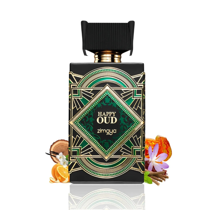 Perfume bottle with decorative packaging featuring floral elements on a white background