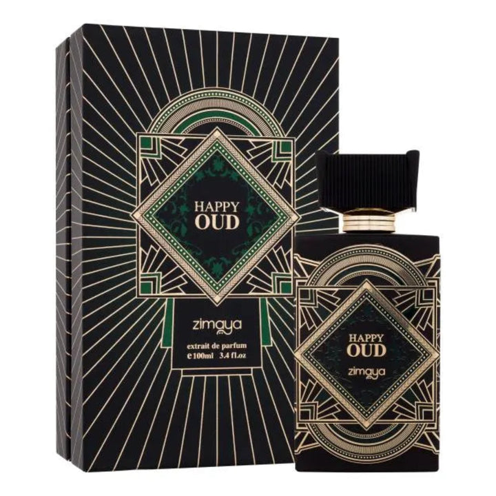Amgo Happy Oud perfume packaging on a white background