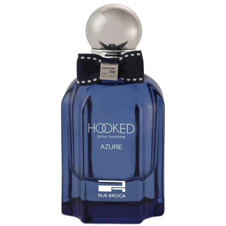 Blue perfume bottle with silver cap on a white background