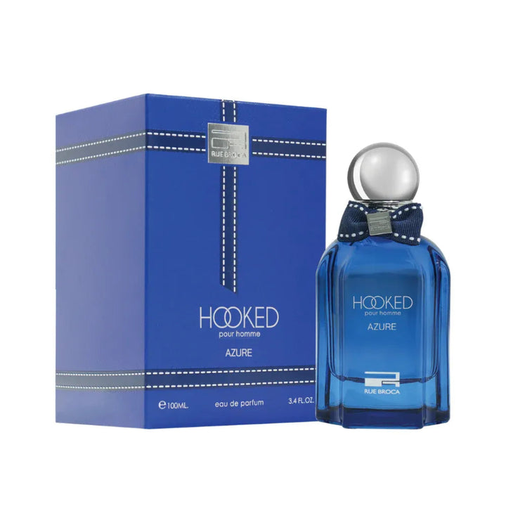 Blue perfume bottle and packaging with 'Hooked Azure' branding on a white background