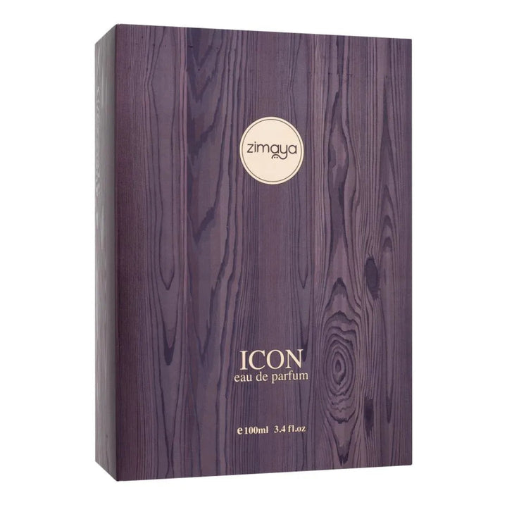 Wooden-textured box of Zimaya Icon eau de parfum on a white background