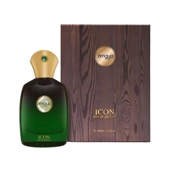 Zimoya Icon perfume bottle and wooden box on a white background