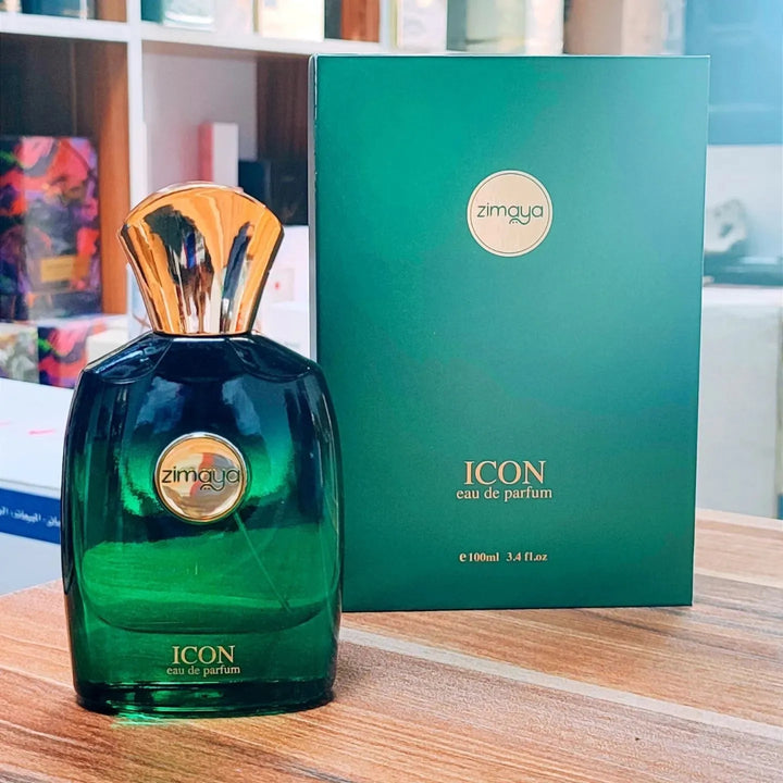 Green perfume bottle with gold cap and 'zimaya' branding next to a green box labeled 'ICON eau de parfum'.