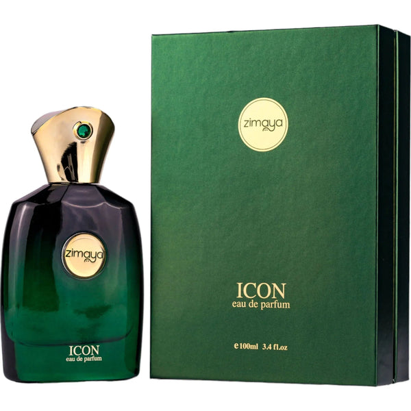 Green perfume bottle with gold cap and 'zimaya' branding next to a matching green box labeled 'ICON eau de parfum'.