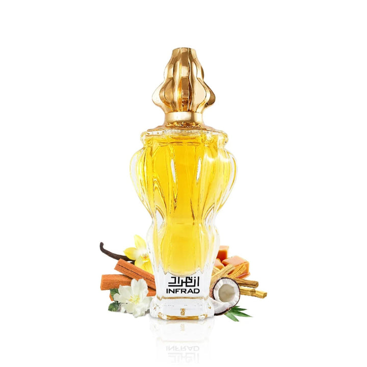 Perfume bottle with gold cap and decorative elements on a white background