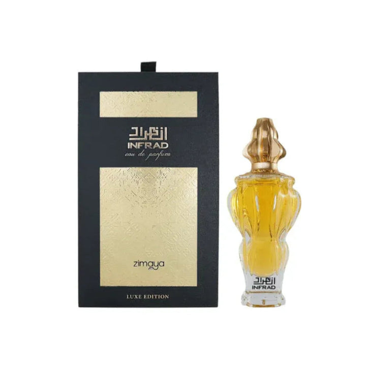 Perfume bottle and packaging with 'INFRAD' branding on a white background