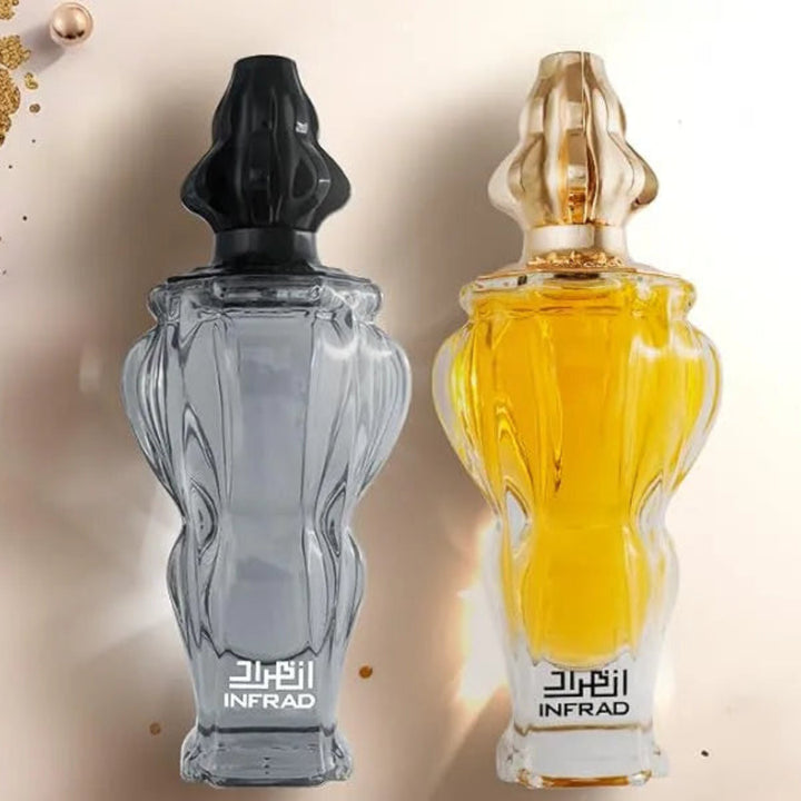 Two perfume bottles, one gray and one yellow, on a decorative background with gold accents.