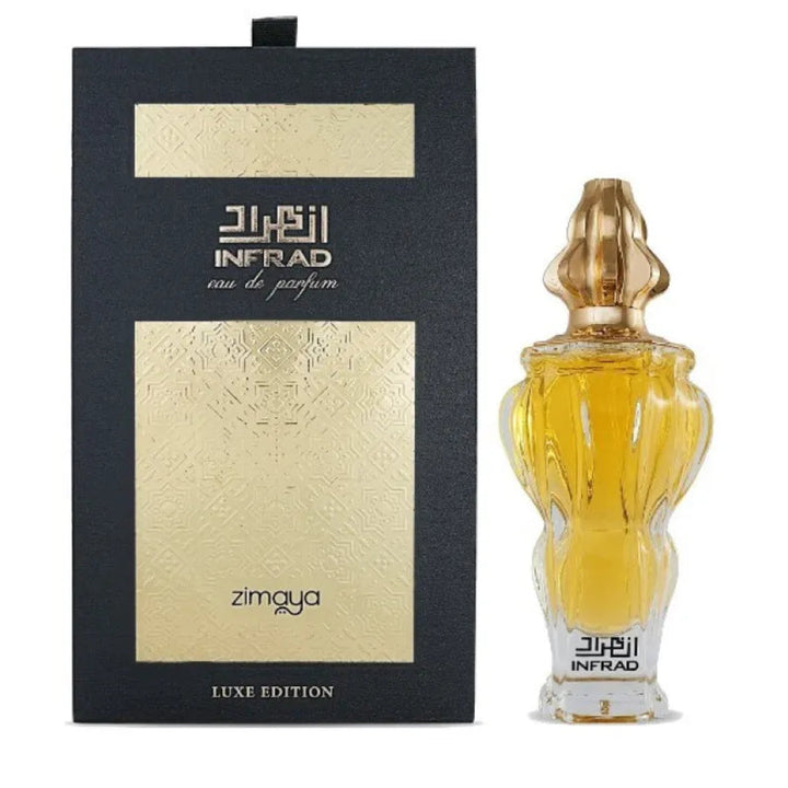 Perfume bottle and packaging with 'INFRAD' branding on a white background