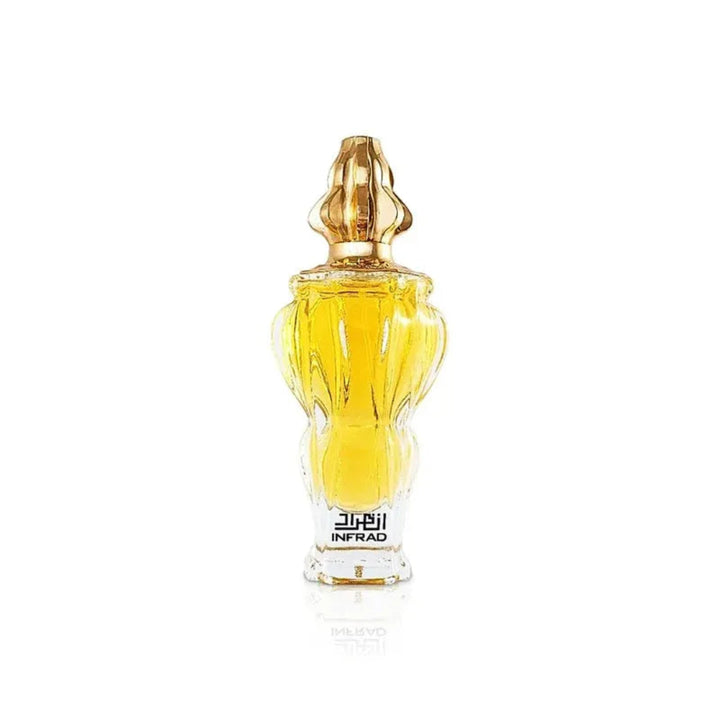 Perfume bottle with gold cap on a white background