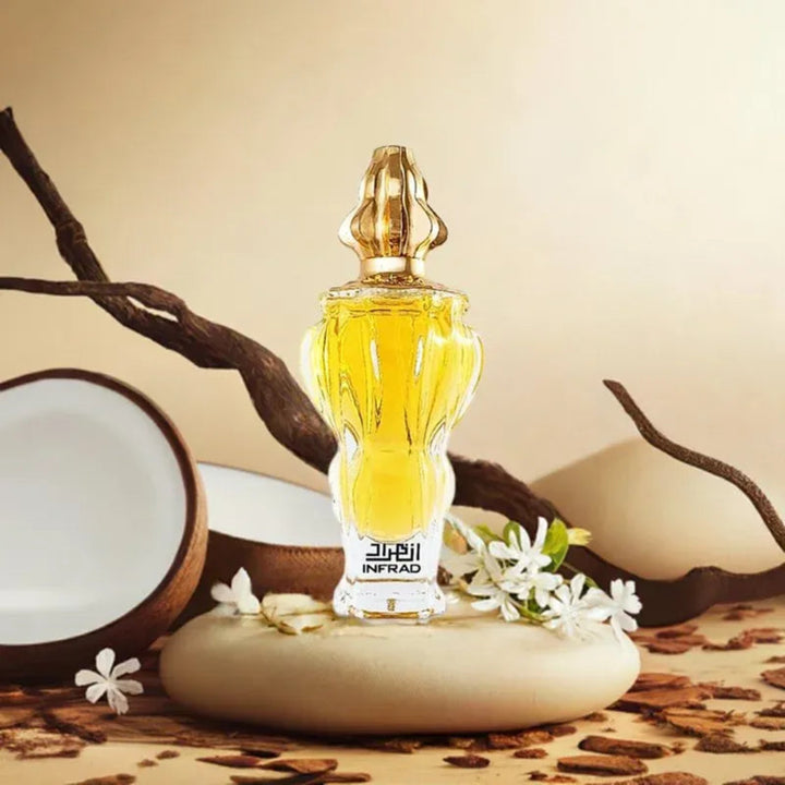 Perfume bottle with decorative elements on a neutral background