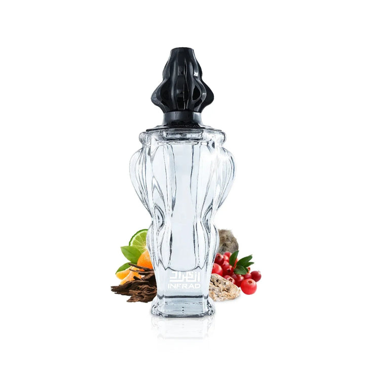 Clear glass bottle with black cap on a white background