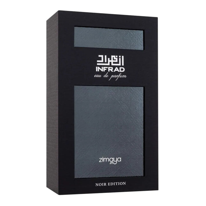 Black perfume box with 'INFRAD' and 'zimaya' branding on a white background