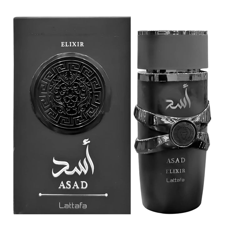 Black perfume bottle and packaging with 'ASAD' branding on a white background
